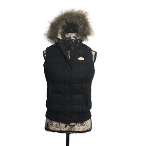 Superdry Japan MicroFibre The Hooded GILET Womens XS Padded Faux Fur Trim